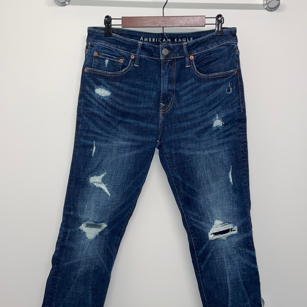 Men’s Athletic Fit Dark Wash Destroyed Jeans